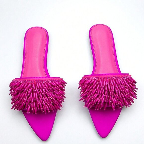 Hot Pink Funky Women's Beaded And Embroidered Pink Tassel Flat Sandals - Picture 2 of 4